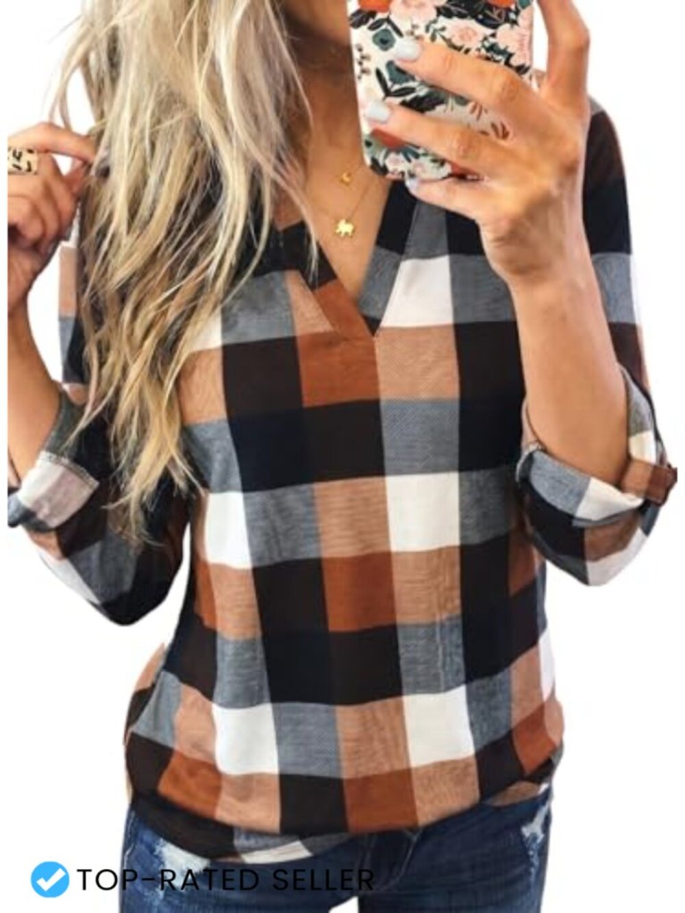 Plaid Cotton 3/4 Sleeve Button Down Blouse V-Neck High-Low Tunic Top